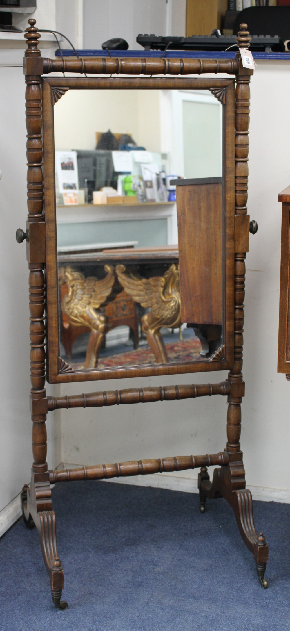 A Regency style mahogany cheval mirror, W.68cm H.150cm